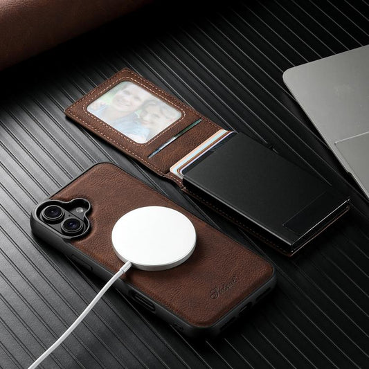 For iPhone 17 Suteni H19 Litchi Grain 2-in-1 MagSafe Removable Card Box Back Phone Case(Brown) - iPhone 17 Cases by Suteni | Online Shopping UK | buy2fix