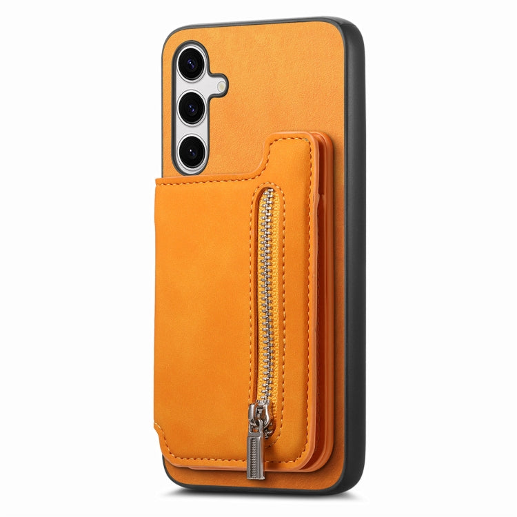 For Samsung Galaxy S25+ 5G Retro MagSafe Zipper Wallet Card Bag Back Phone Case(Yellow) - Galaxy S25+ 5G Cases by buy2fix | Online Shopping UK | buy2fix