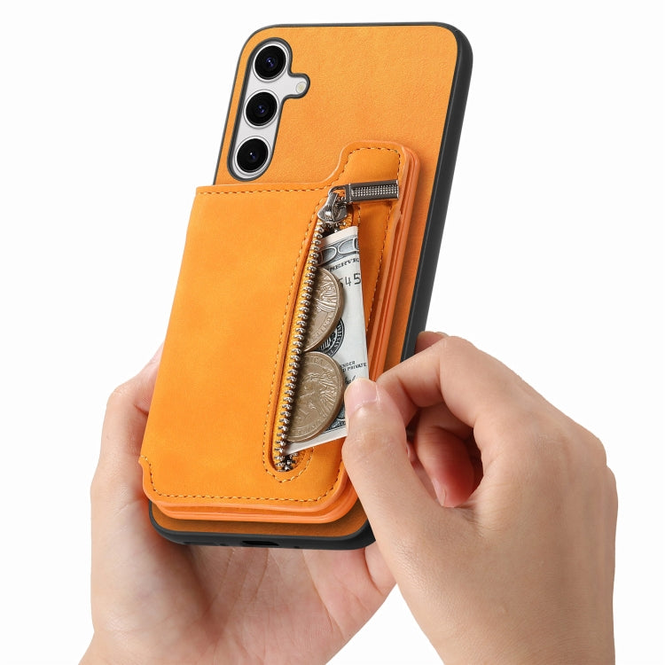 For Samsung Galaxy S25+ 5G Retro MagSafe Zipper Wallet Card Bag Back Phone Case(Yellow) - Galaxy S25+ 5G Cases by buy2fix | Online Shopping UK | buy2fix