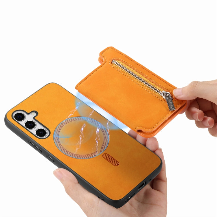For Samsung Galaxy S25+ 5G Retro MagSafe Zipper Wallet Card Bag Back Phone Case(Yellow) - Galaxy S25+ 5G Cases by buy2fix | Online Shopping UK | buy2fix
