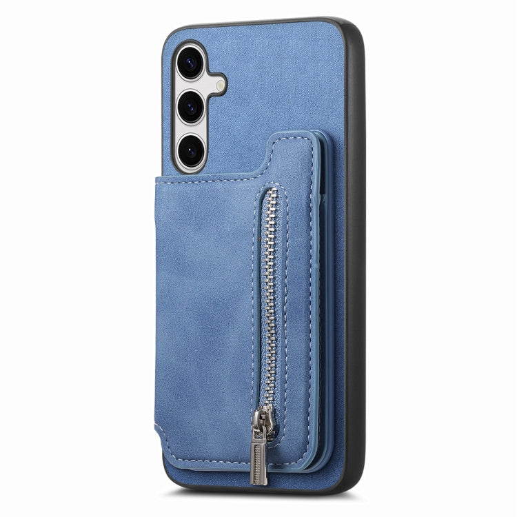 For Samsung Galaxy S25+ 5G Retro MagSafe Zipper Wallet Card Bag Back Phone Case(Blue) - Galaxy S25+ 5G Cases by buy2fix | Online Shopping UK | buy2fix