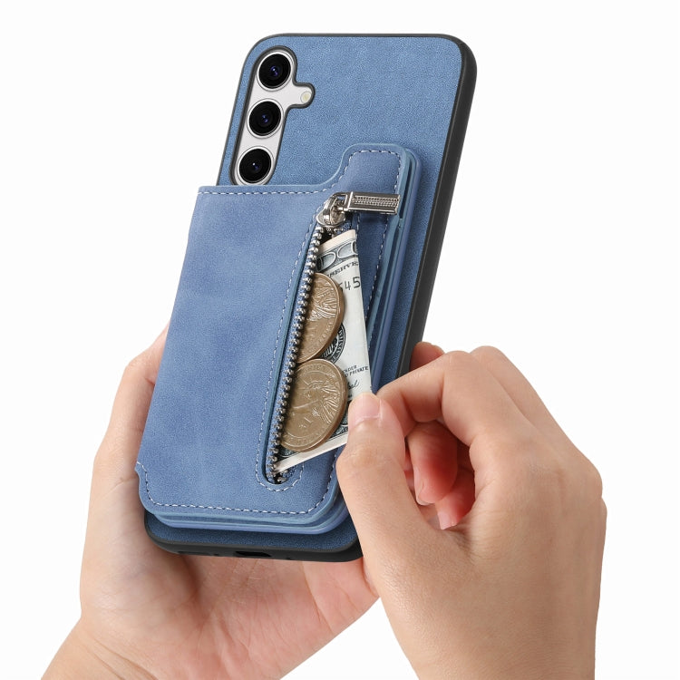 For Samsung Galaxy S25+ 5G Retro MagSafe Zipper Wallet Card Bag Back Phone Case(Blue) - Galaxy S25+ 5G Cases by buy2fix | Online Shopping UK | buy2fix