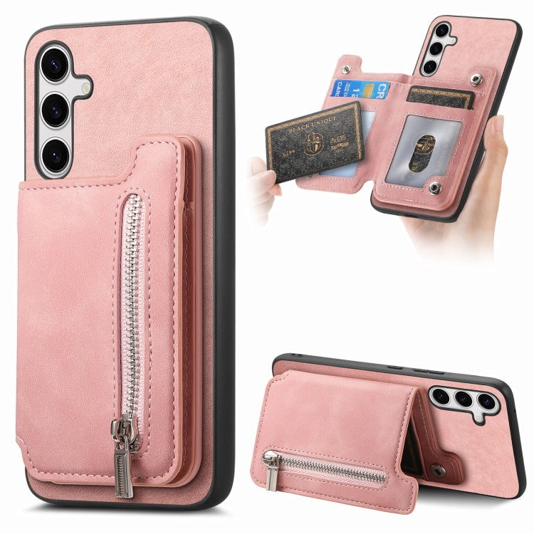 For Samsung Galaxy S25+ 5G Retro MagSafe Zipper Wallet Card Bag Back Phone Case(Pink) - Galaxy S25+ 5G Cases by buy2fix | Online Shopping UK | buy2fix