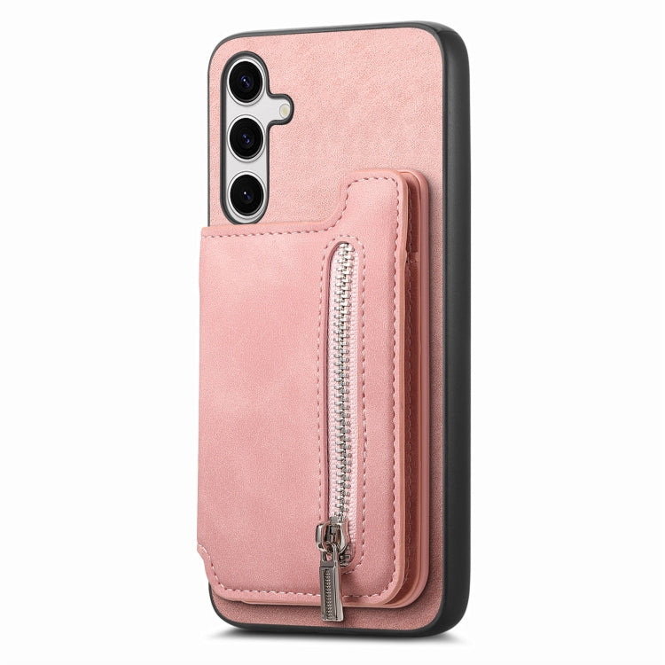 For Samsung Galaxy S25+ 5G Retro MagSafe Zipper Wallet Card Bag Back Phone Case(Pink) - Galaxy S25+ 5G Cases by buy2fix | Online Shopping UK | buy2fix