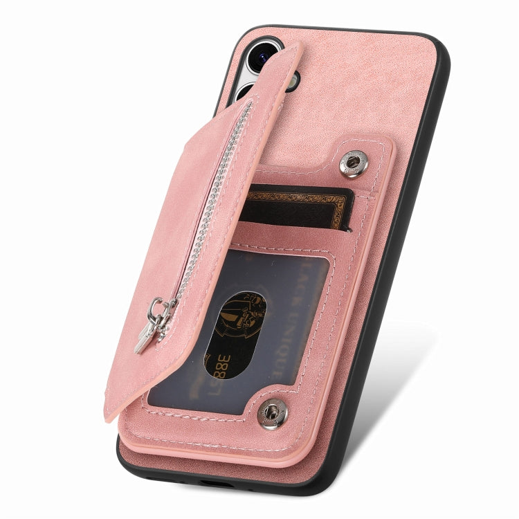 For Samsung Galaxy S25+ 5G Retro MagSafe Zipper Wallet Card Bag Back Phone Case(Pink) - Galaxy S25+ 5G Cases by buy2fix | Online Shopping UK | buy2fix