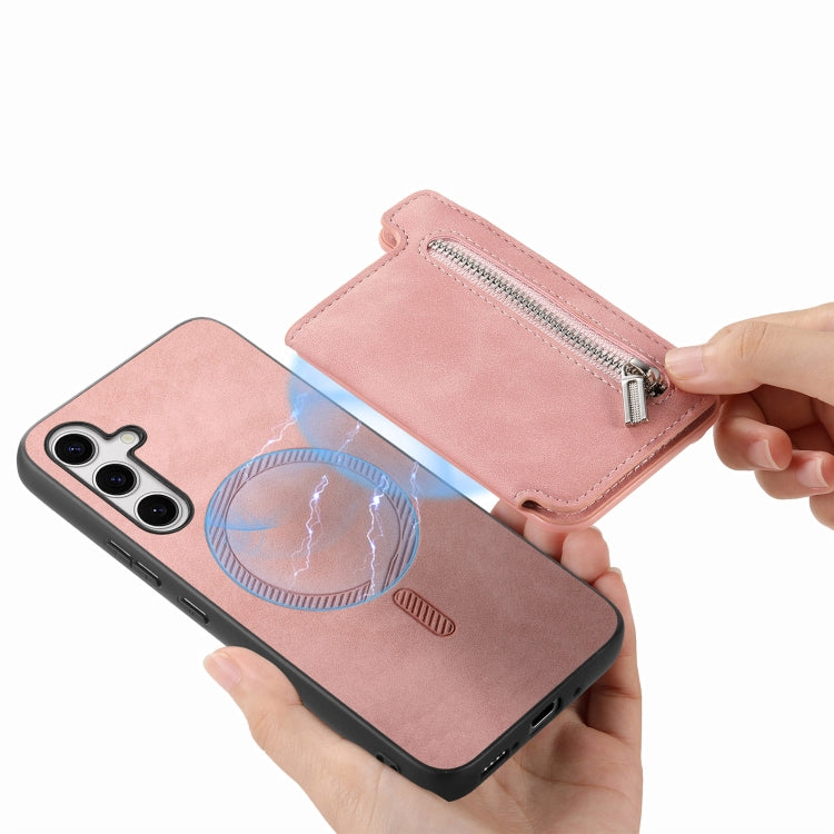 For Samsung Galaxy S25+ 5G Retro MagSafe Zipper Wallet Card Bag Back Phone Case(Pink) - Galaxy S25+ 5G Cases by buy2fix | Online Shopping UK | buy2fix