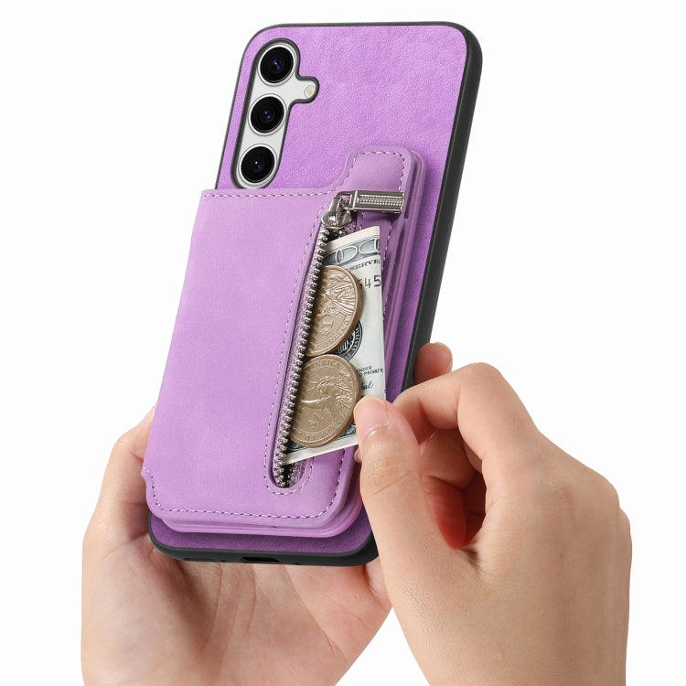 For Samsung Galaxy S25+ 5G Retro MagSafe Zipper Wallet Card Bag Back Phone Case(Purple) - Galaxy S25+ 5G Cases by buy2fix | Online Shopping UK | buy2fix