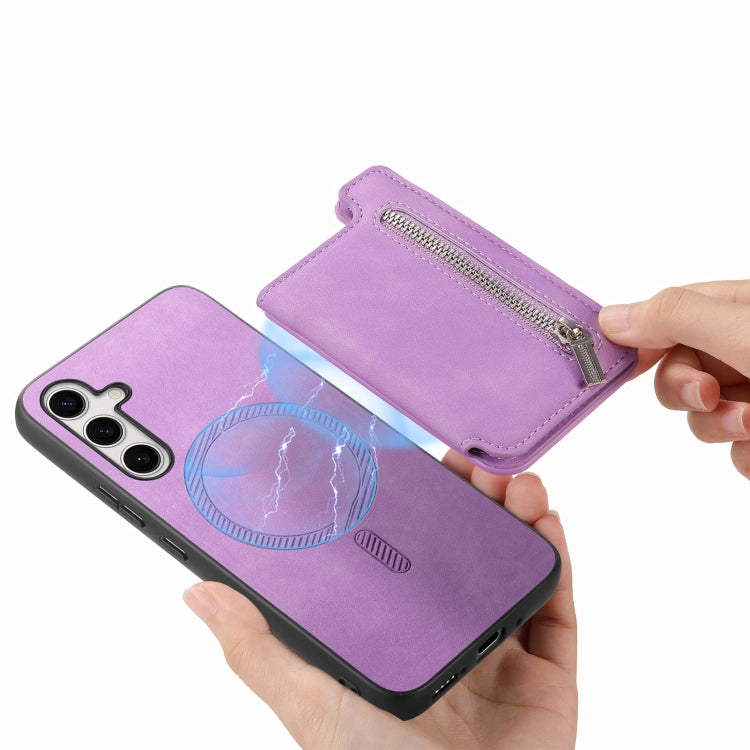 For Samsung Galaxy S25+ 5G Retro MagSafe Zipper Wallet Card Bag Back Phone Case(Purple) - Galaxy S25+ 5G Cases by buy2fix | Online Shopping UK | buy2fix