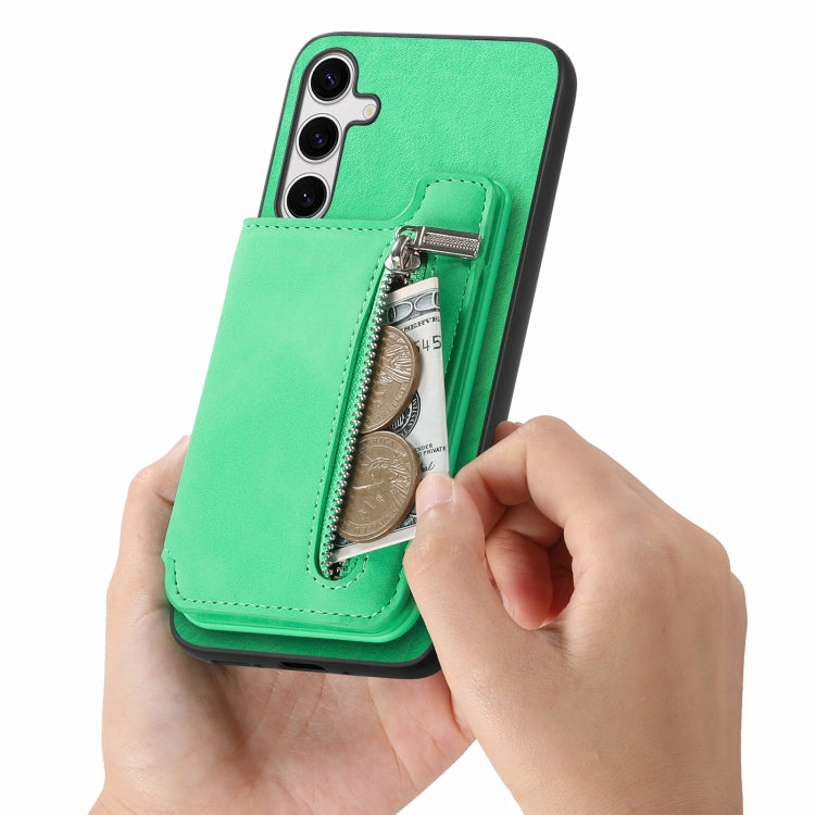 For Samsung Galaxy S25+ 5G Retro MagSafe Zipper Wallet Card Bag Back Phone Case(Green) - Galaxy S25+ 5G Cases by buy2fix | Online Shopping UK | buy2fix