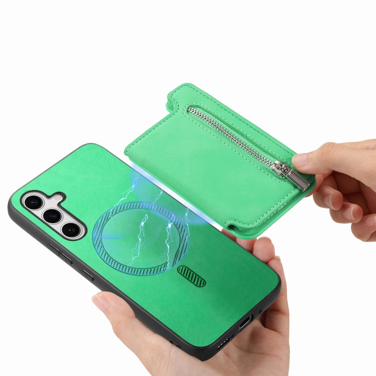 For Samsung Galaxy S25+ 5G Retro MagSafe Zipper Wallet Card Bag Back Phone Case(Green) - Galaxy S25+ 5G Cases by buy2fix | Online Shopping UK | buy2fix