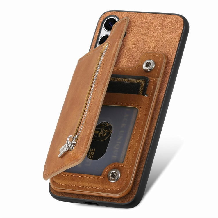 For Samsung Galaxy S25+ 5G Retro MagSafe Zipper Wallet Card Bag Back Phone Case(Brown) - Galaxy S25+ 5G Cases by buy2fix | Online Shopping UK | buy2fix