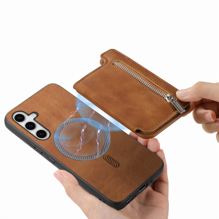 For Samsung Galaxy S25+ 5G Retro MagSafe Zipper Wallet Card Bag Back Phone Case(Brown) - Galaxy S25+ 5G Cases by buy2fix | Online Shopping UK | buy2fix