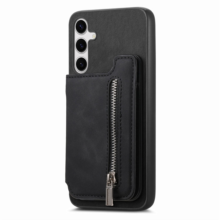 For Samsung Galaxy S25+ 5G Retro MagSafe Zipper Wallet Card Bag Back Phone Case(Black) - Galaxy S25+ 5G Cases by buy2fix | Online Shopping UK | buy2fix