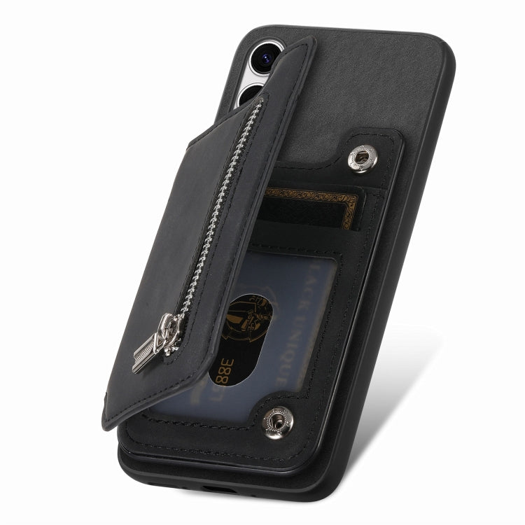 For Samsung Galaxy S25+ 5G Retro MagSafe Zipper Wallet Card Bag Back Phone Case(Black) - Galaxy S25+ 5G Cases by buy2fix | Online Shopping UK | buy2fix