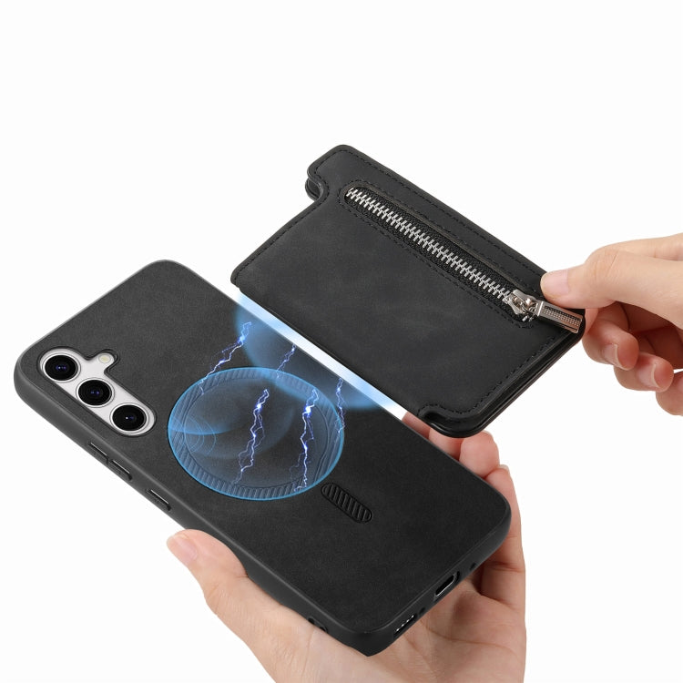 For Samsung Galaxy S25+ 5G Retro MagSafe Zipper Wallet Card Bag Back Phone Case(Black) - Galaxy S25+ 5G Cases by buy2fix | Online Shopping UK | buy2fix