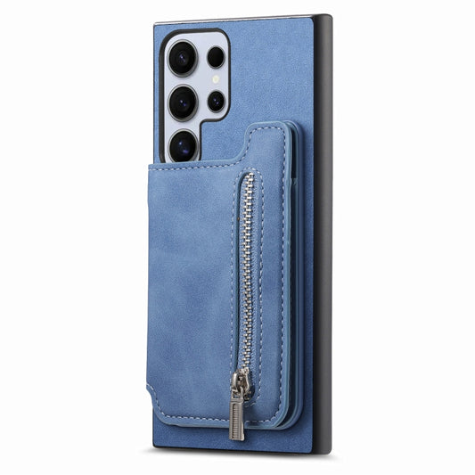 For Samsung Galaxy S25 Ultra 5G Retro MagSafe Zipper Wallet Card Bag Back Phone Case(Blue) by buy2fix