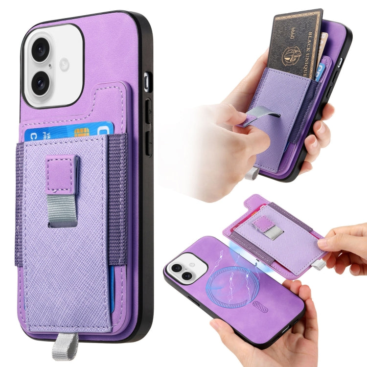 For iPhone 16 Retro Magsafe Cross Leather Pull-Out Card Bag Back Phone Case(Purple) - iPhone 16 Cases by buy2fix | Online Shopping UK | buy2fix