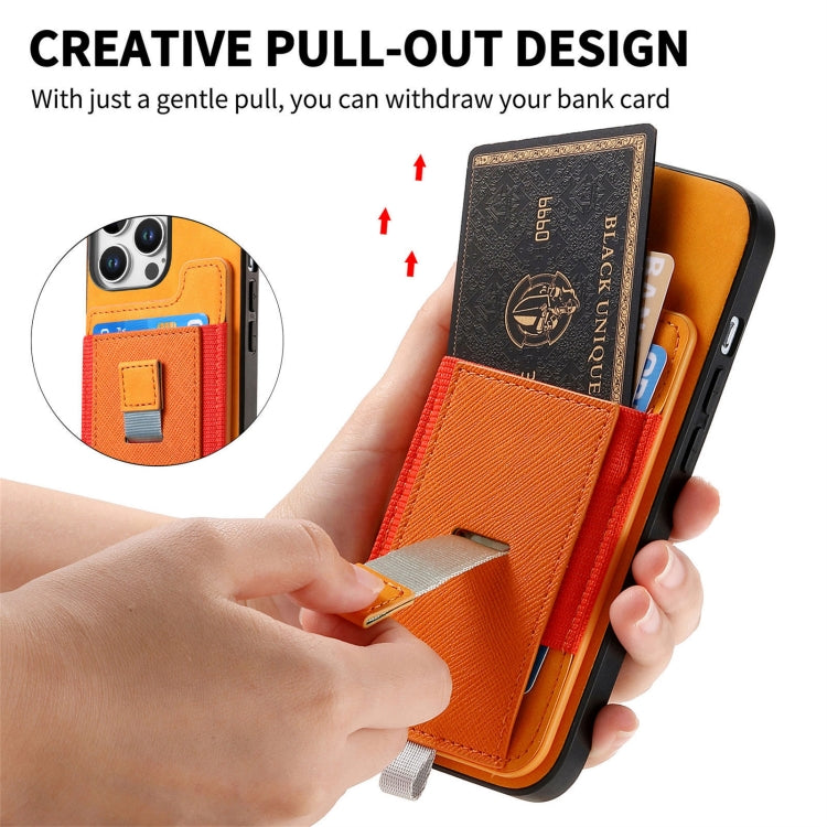 For iPhone 15 Retro Magsafe Cross Leather Pull-Out Card Bag Back Phone Case(Yellow) - iPhone 15 Cases by buy2fix | Online Shopping UK | buy2fix
