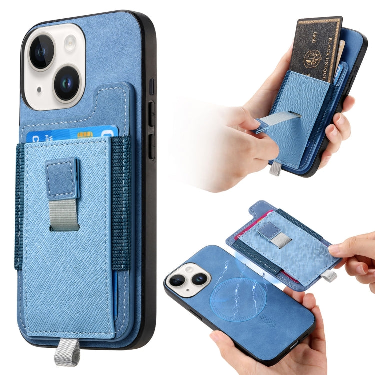 For iPhone 15 Retro Magsafe Cross Leather Pull-Out Card Bag Back Phone Case(Blue) - iPhone 15 Cases by buy2fix | Online Shopping UK | buy2fix