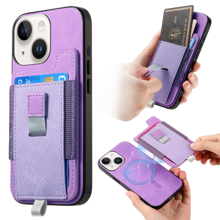 For iPhone 15 Retro Magsafe Cross Leather Pull-Out Card Bag Back Phone Case(Purple) - iPhone 15 Cases by buy2fix | Online Shopping UK | buy2fix
