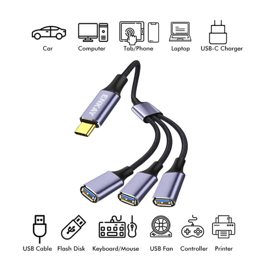 ENKAY ENK-CB171 Type-C to 3 USB 2.0 OTG Splitter Cable Extension Cord, Length:0.5m by ENKAY