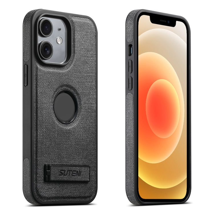 For iPhone 12 Suteni G2 Holder Denim Leather Back MagSafe Phone Case(Black) - iPhone 12 / 12 Pro Cases by Suteni | Online Shopping UK | buy2fix