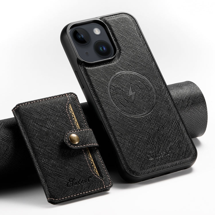 For iPhone 15 Suteni H20 Cross-Grain MagSafe Horizontal Card Bag Back Phone Case(Black) - iPhone 15 Cases by Suteni | Online Shopping UK | buy2fix