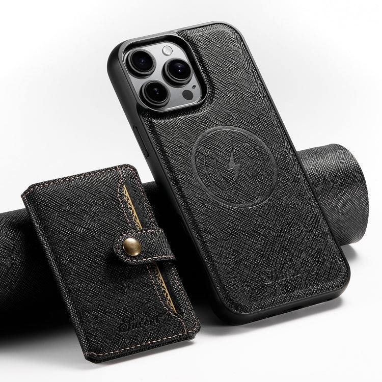 For iPhone 13 Pro Suteni H20 Cross-Grain MagSafe Horizontal Card Bag Back Phone Case(Black) - iPhone 16 Pro Cases by Suteni | Online Shopping UK | buy2fix