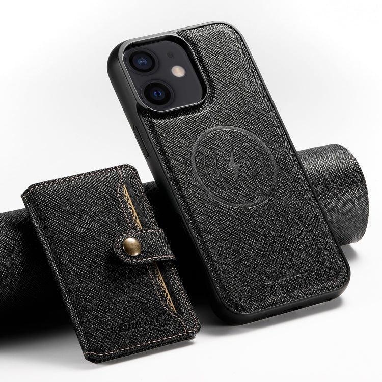 For iPhone 12 Suteni H20 Cross-Grain MagSafe Horizontal Card Bag Back Phone Case(Black) - iPhone 12 / 12 Pro Cases by Suteni | Online Shopping UK | buy2fix