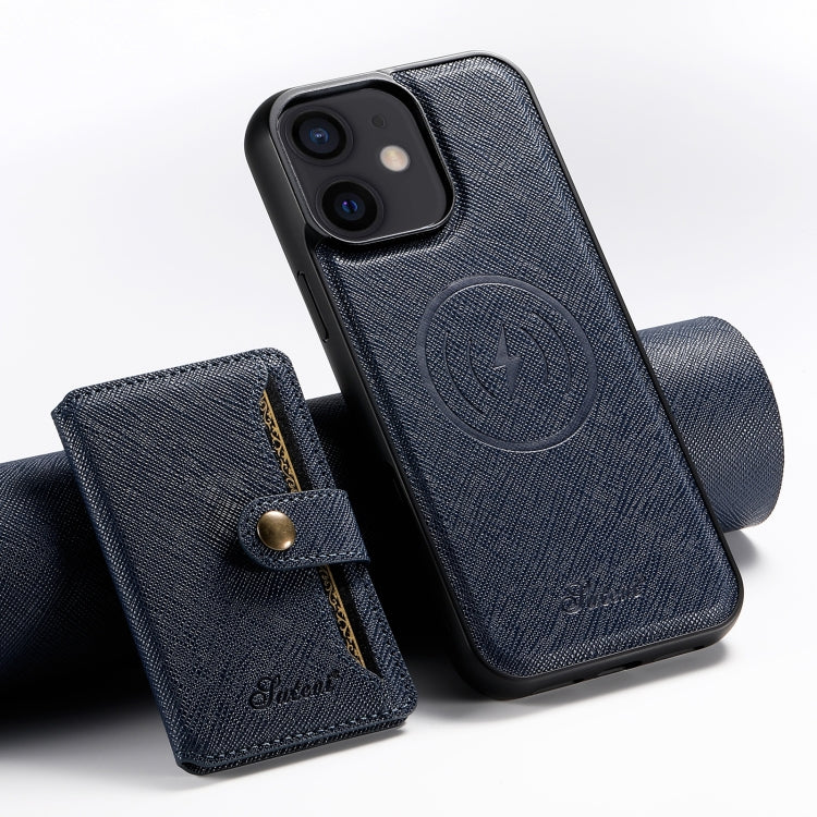 For iPhone 12 Suteni H20 Cross-Grain MagSafe Horizontal Card Bag Back Phone Case(Blue) - iPhone 12 / 12 Pro Cases by Suteni | Online Shopping UK | buy2fix