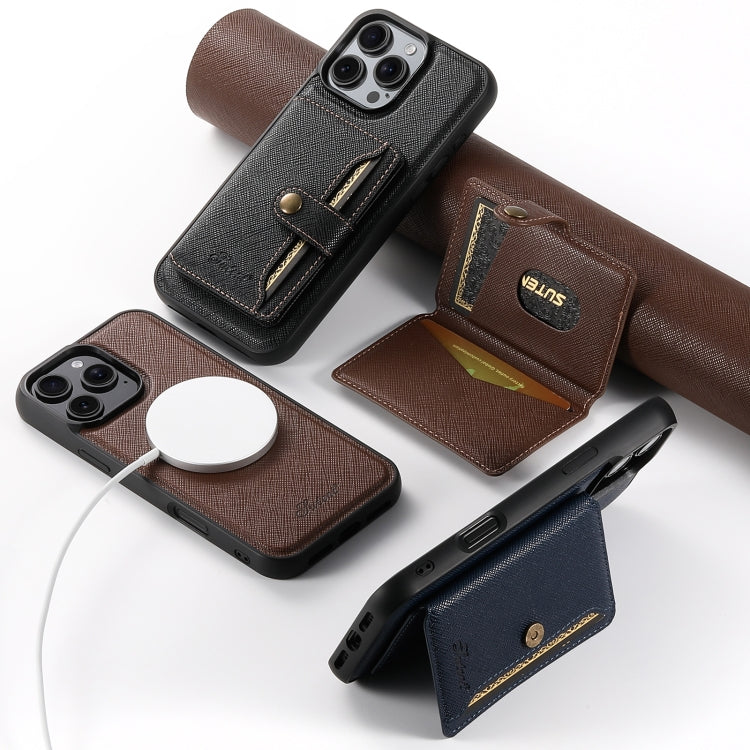 For iPhone 16 Suteni H20 Cross-Grain MagSafe Horizontal Card Bag Back Phone Case(Brown) - iPhone 16 Cases by Suteni | Online Shopping UK | buy2fix
