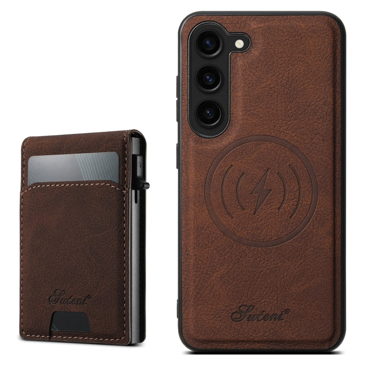 For Samsung Galaxy S22 5G Suteni H19 Litchi Texture 2-in-1 MagSafe Removable Card Case Back Phone Case(Brown) - Galaxy S22 5G Cases by Suteni | Online Shopping UK | buy2fix