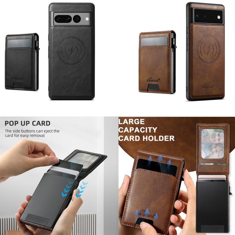 For Google Pixel 8 Suteni H19 Oil Wax 2-in-1 MagSafe Removable Card Box Back Phone Case(Brown) - Google Cases by Suteni | Online Shopping UK | buy2fix