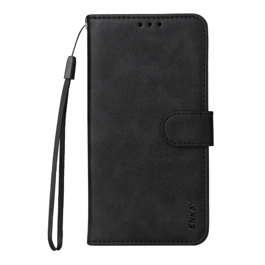 For iPhone 16e ENKAY Card Wallet Calf Texture Leather Phone Case with Screen Film(Black) - iPhone 16e Cases by ENKAY | Online Shopping UK | buy2fix