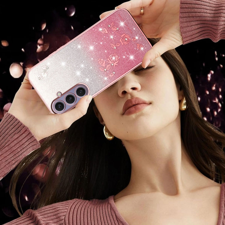 For Samsung Galaxy S25+ 5G Gradient Glitter Flower All-inclusive Phone Case(Pink) by buy2fix