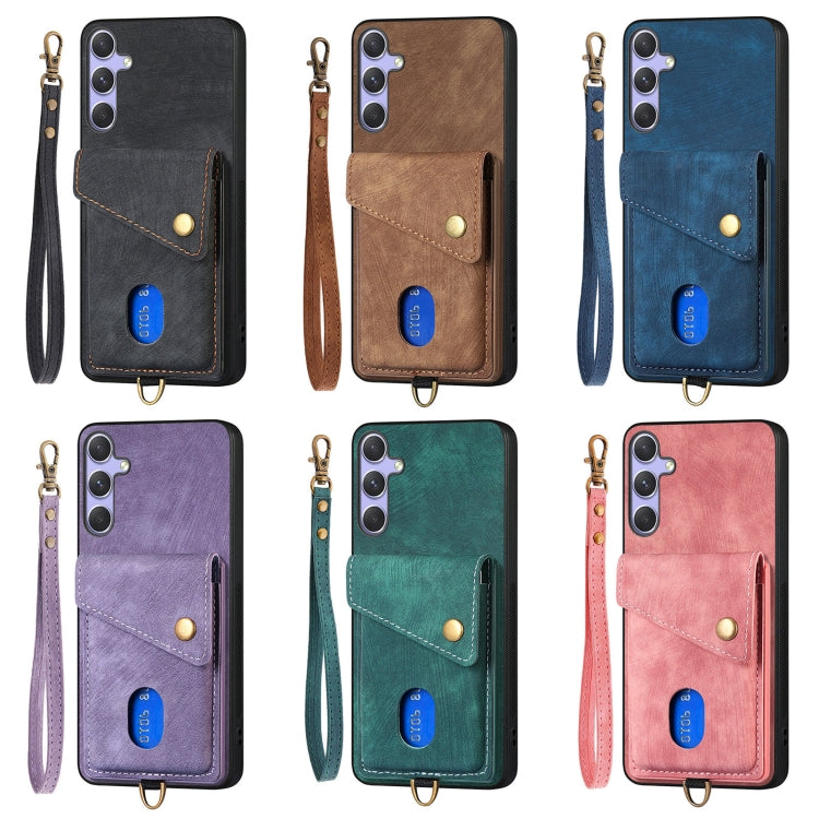 For Samsung Galaxy S25 5G Retro Card Wallet Fold Leather Phone Case with Strap(Pink) by buy2fix