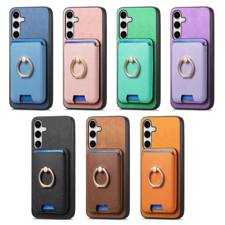 For Samsung Galaxy S25 Ultra 5G Retro Cross Leather Ring Vertical Insert Card Bag MagSafe Phone Case(Purple) by buy2fix