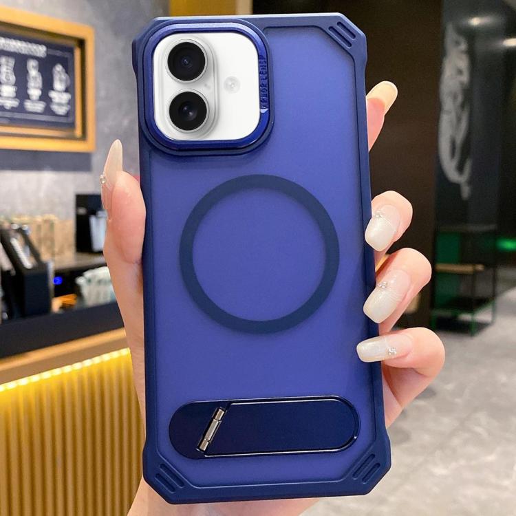 For iPhone 16 Skin Feel Frameless MagSafe PC Phone Case with Fold Holder(Blue) - iPhone 16 Cases by buy2fix | Online Shopping UK | buy2fix