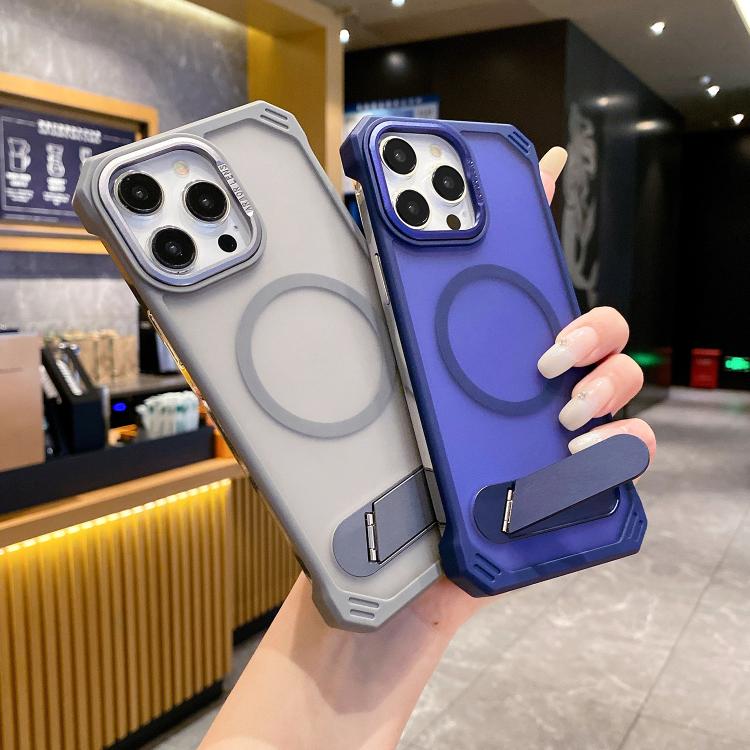 For iPhone 15 Skin Feel Frameless MagSafe PC Phone Case with Fold Holder(Purple) - iPhone 15 Cases by buy2fix | Online Shopping UK | buy2fix