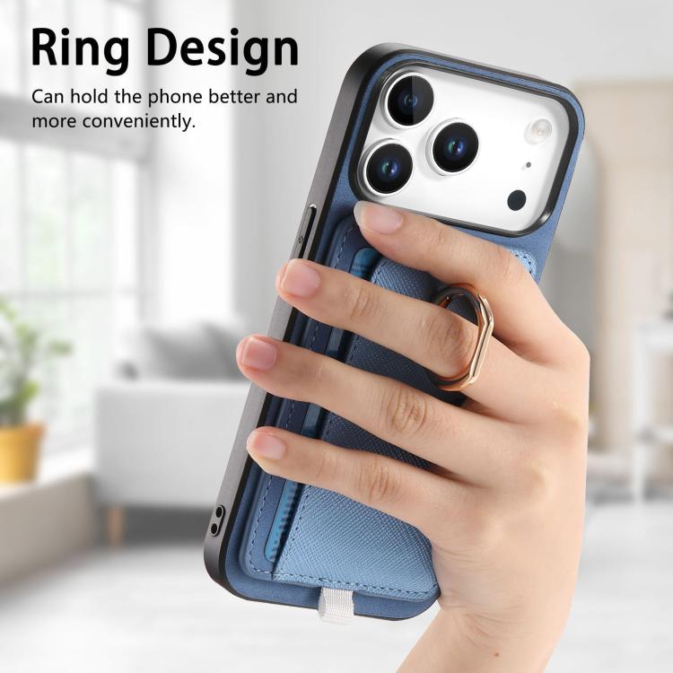 For iPhone 17 Pro Retro Cross Leather Ring Side Insert Card Bag MagSafe Phone Case(Blue) - iPhone 17 Pro Cases by buy2fix | Online Shopping UK | buy2fix