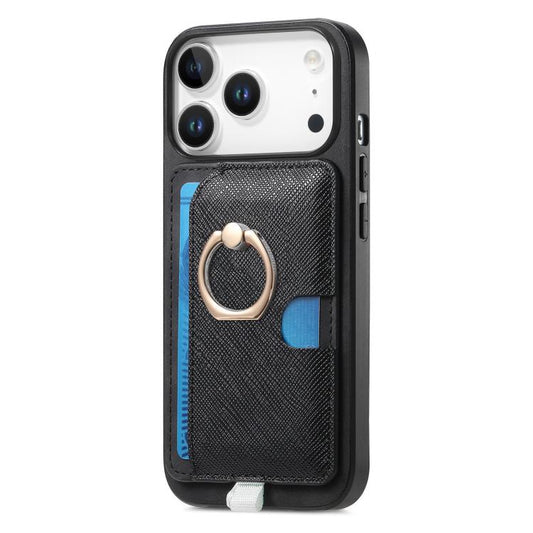 For iPhone 17 Pro Retro Cross Leather Ring Side Insert Card Bag MagSafe Phone Case(Black) - iPhone 17 Pro Cases by buy2fix | Online Shopping UK | buy2fix