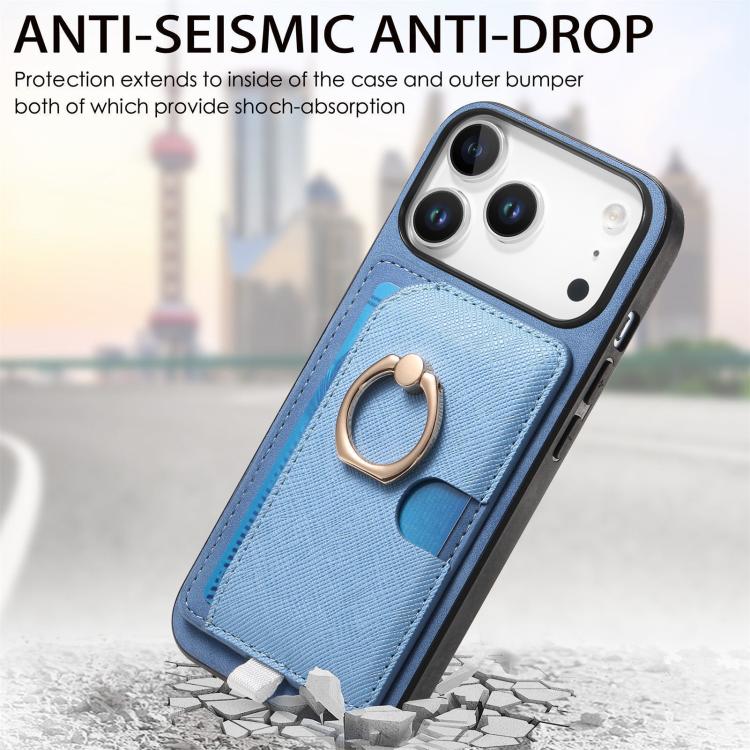 For iPhone 17 Pro Max Retro Cross Leather Ring Side Insert Card Bag MagSafe Phone Case(Blue) - iPhone 17 Pro Max Cases by buy2fix | Online Shopping UK | buy2fix