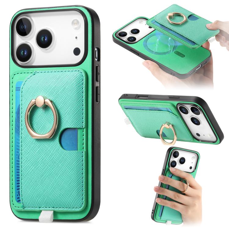 For iPhone 17 Pro Max Retro Cross Leather Ring Side Insert Card Bag MagSafe Phone Case(Green) - iPhone 17 Pro Max Cases by buy2fix | Online Shopping UK | buy2fix
