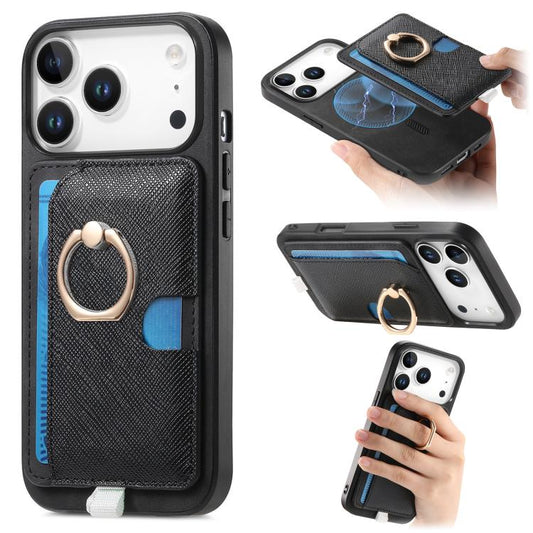 For iPhone 17 Pro Max Retro Cross Leather Ring Side Insert Card Bag MagSafe Phone Case(Black) - iPhone 17 Pro Max Cases by buy2fix | Online Shopping UK | buy2fix