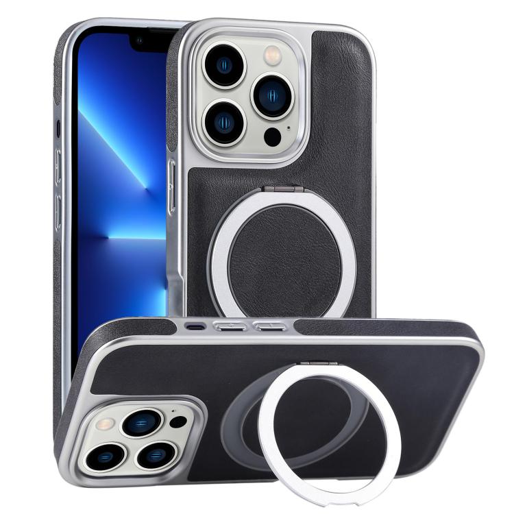 For iPhone 13 Pro Plated Leather Grain Rotation MagSafe Holder Phone Case(Black) - iPhone 13 Pro Cases by buy2fix | Online Shopping UK | buy2fix