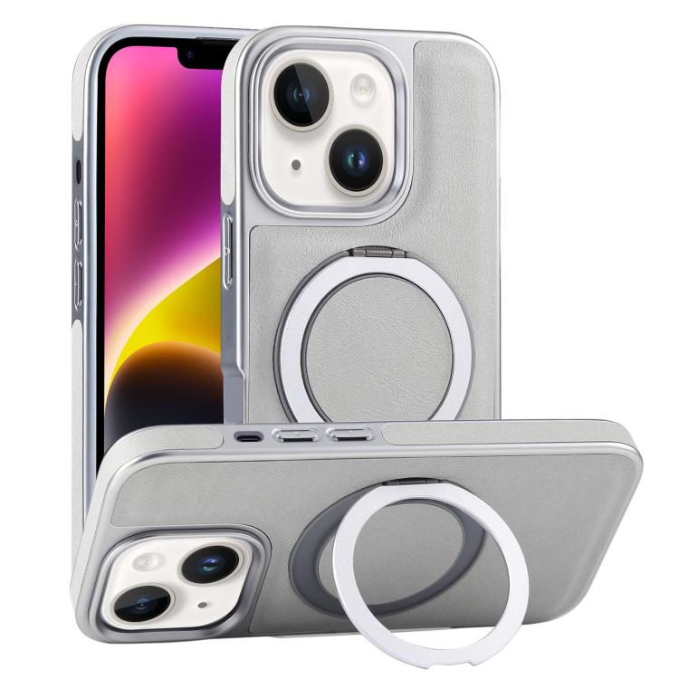 For iPhone 14 Plus Plated Leather Grain Rotation MagSafe Holder Phone Case(Grayish Green) - iPhone 14 Plus Cases by buy2fix | Online Shopping UK | buy2fix