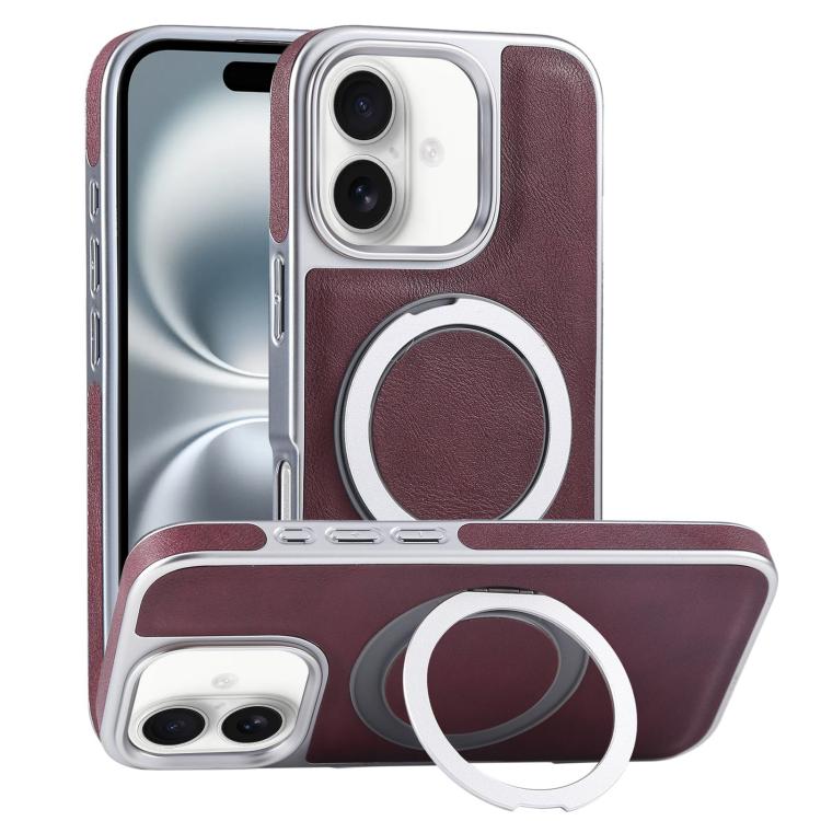 For iPhone 16 Plus Plated Leather Grain Rotation MagSafe Holder Phone Case(Dark Red) - iPhone 16 Plus Cases by buy2fix | Online Shopping UK | buy2fix