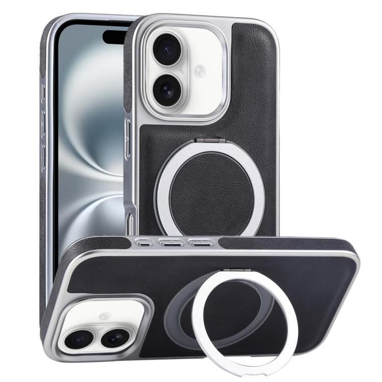 For iPhone 16 Plated Leather Grain Rotation MagSafe Holder Phone Case(Black) - iPhone 16 Cases by buy2fix | Online Shopping UK | buy2fix