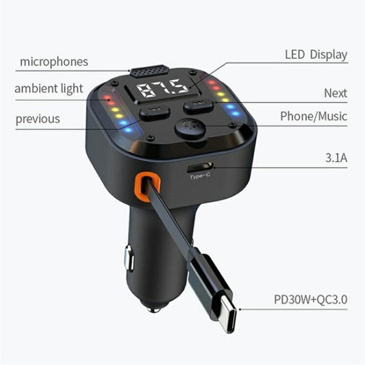 C69 PD 30W Fast Charger FM Transmitter Bluetooth Car Charger with Type-C Extendable Cable - Bluetooth Car Kits by buy2fix | Online Shopping UK | buy2fix