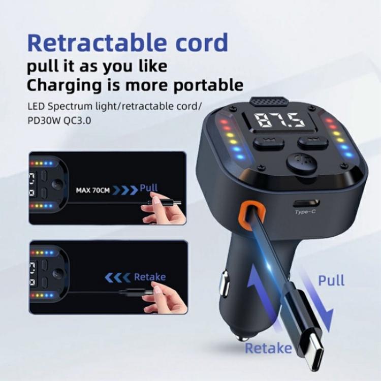 C69 PD 30W Fast Charger FM Transmitter Bluetooth Car Charger with Type-C Extendable Cable - Bluetooth Car Kits by buy2fix | Online Shopping UK | buy2fix